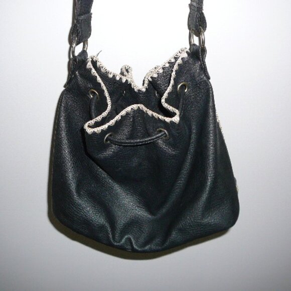 Black Drawstring Closure Cross Body Faux Leather Purse Bag w/Tan Embroidery - Picture 5 of 7